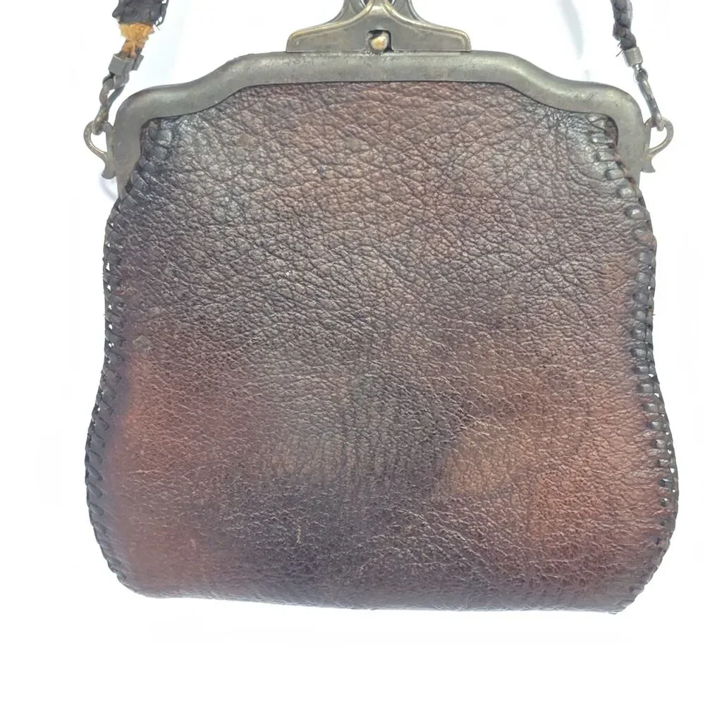 Antique Nocona Hand Tooled Leather Purse Bag Suede Lined Circa 1918 Western Bag